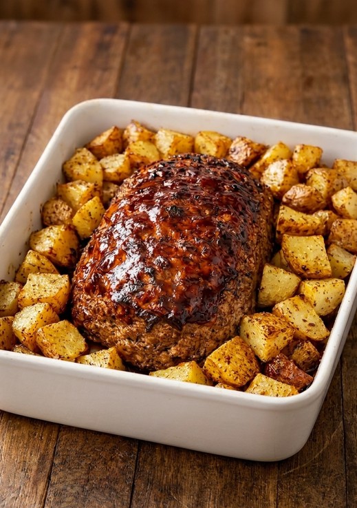 Glazed beef meatloaf with roasted potatoes asparagus and fresh salad
