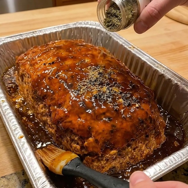 Glazed beef meatloaf with creamy mashed potatoes roasted vegetables and savory pan gravy