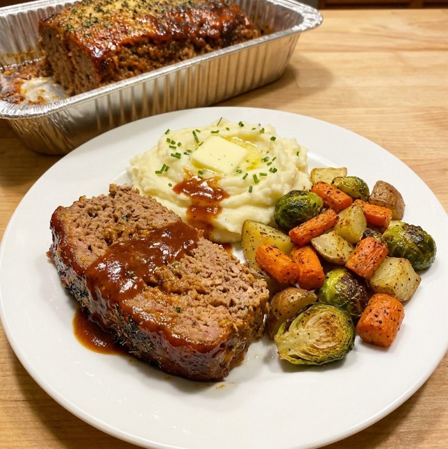 Glazed beef meatloaf with mashed potatoes roasted vegetables and rich gravy