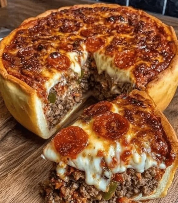 Freshly baked Chicago deep dish pizza with a golden cornmeal crust