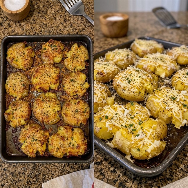 Golden crispy Parmesan smashed potatoes fresh from the oven