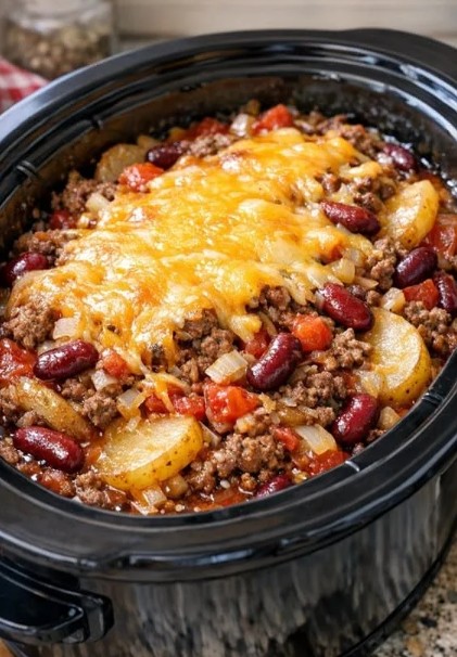 Serving of ground beef potato casserole with melted cheddar and kidney beans