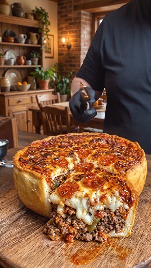 Chicago deep dish pizza with sausage mozzarella tomato sauce and Parmesan