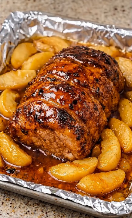 Apple glazed pork roast surrounded by roasted apples in honey garlic pan sauce