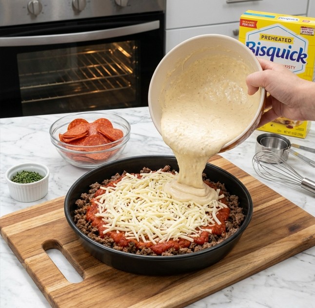 Bisquick pizza pie topped with mozzarella and mini pepperoni before baking
