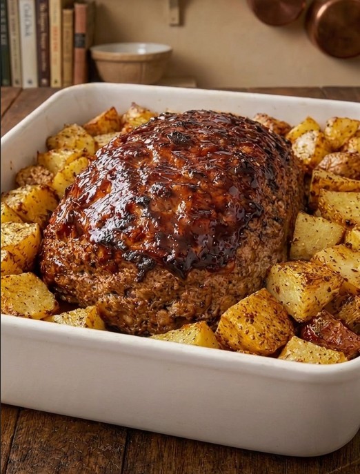 Sliced glazed beef meatloaf served with potatoes asparagus and salad