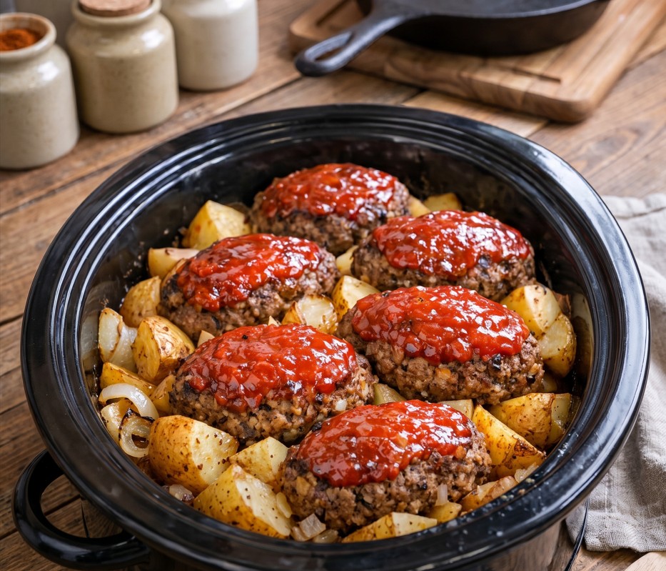 Individual slow cooker meatloaf served with potatoes and fresh parsley