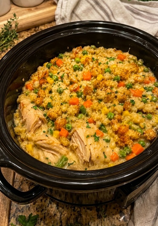 Crockpot chicken stuffing casserole with creamy sauce and mixed vegetables