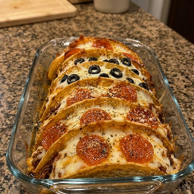 Ground beef pizza tacos with pepperoni mozzarella and crispy tortillas