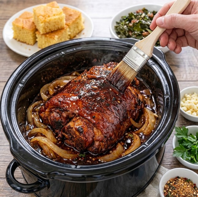 Pot roast with rich onion gravy collard greens and cornbread served on one plate