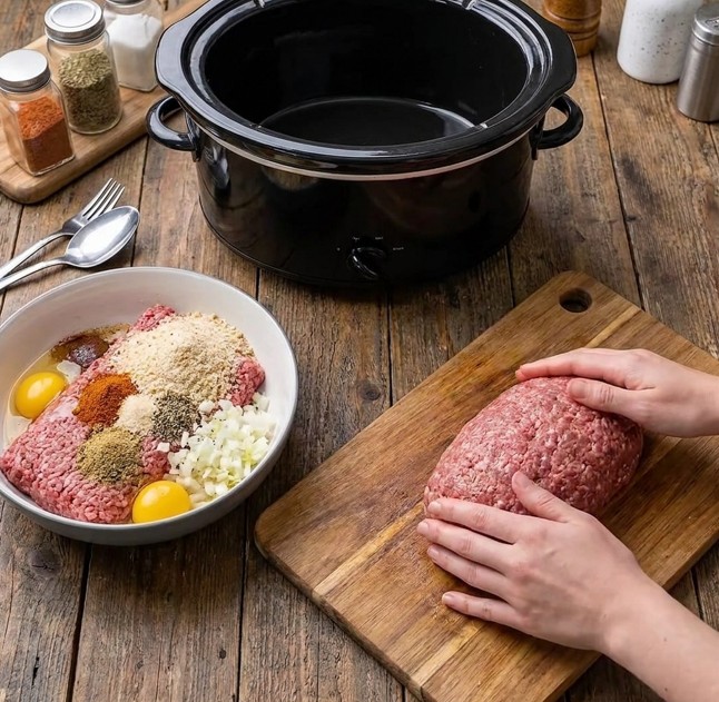 Ground beef mixture with onion soup breadcrumbs egg and seasonings