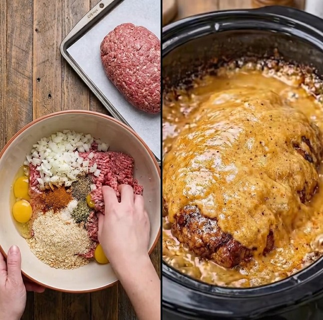 Slow cooker Salisbury steak with creamy gravy served beside mashed potatoes
