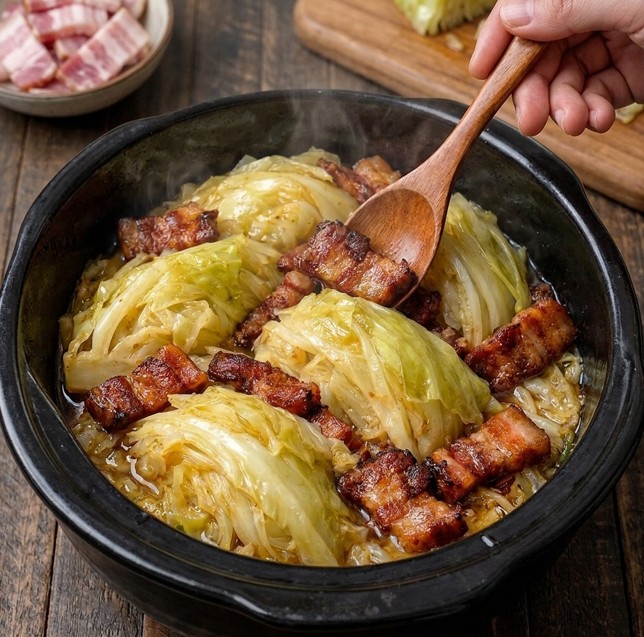Slow cooker cabbage rolls with crispy bacon herb rice and glazed carrots