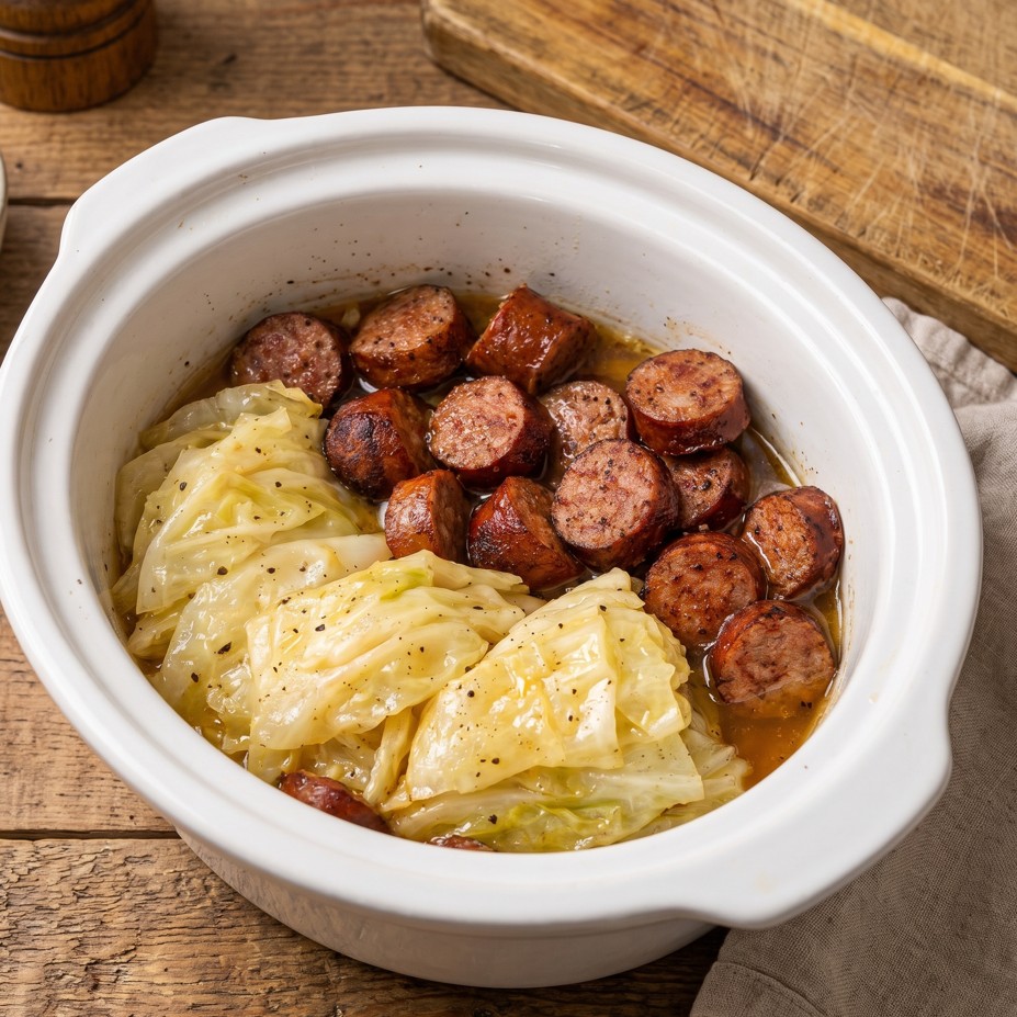 Slow cooker cabbage and smoked sausage with carrots and potatoes