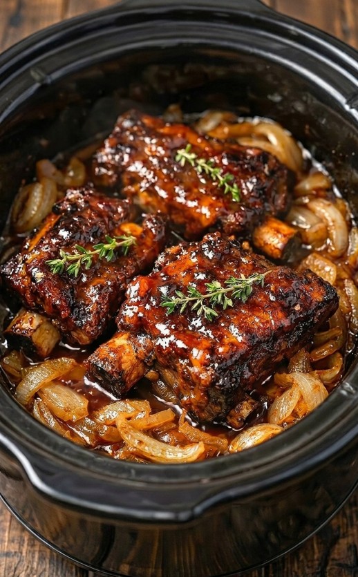 Glazed beef short ribs with tender onions and fresh thyme in a slow cooker