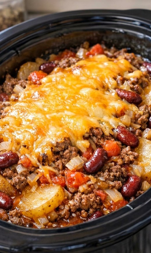 Ground beef potato casserole with kidney beans tomatoes and melted cheddar