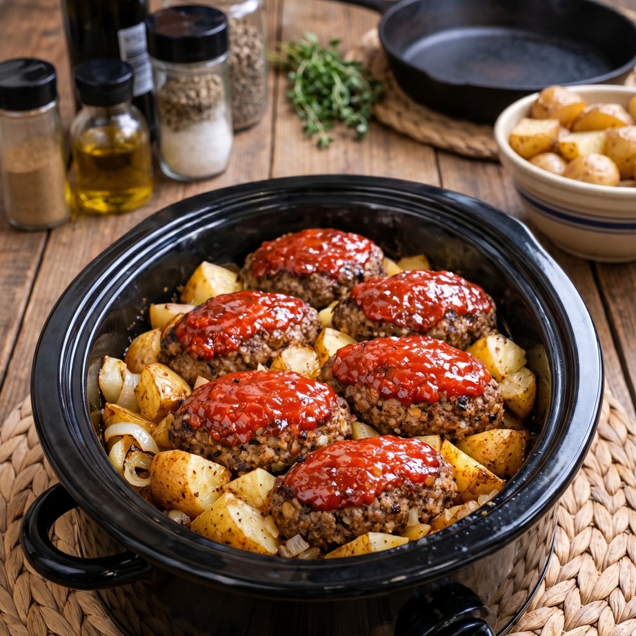 Slow cooker mini meatloaves served with seasoned baby potatoes