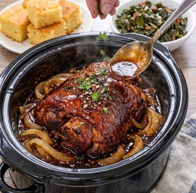 Slow cooker pot roast with onion gravy collard greens and golden cornbread