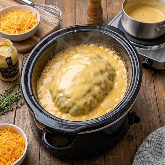 Slow cooker Salisbury steak patties covered in rich creamy mushroom gravy