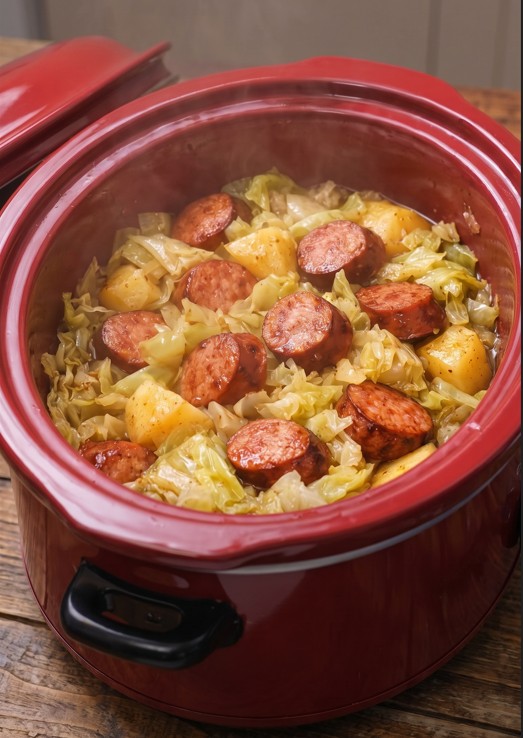 Slow cooker sausage and cabbage with tender potatoes and carrots