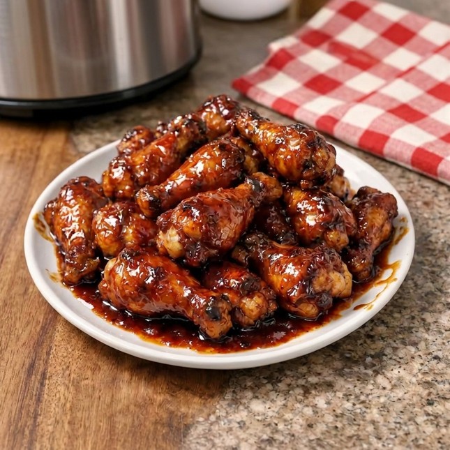 Sticky BBQ chicken drumsticks with caramelized barbecue glaze and fresh parsley