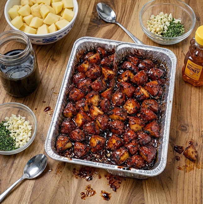 BBQ garlic roasted potatoes with sticky caramelized sauce and fresh parsley