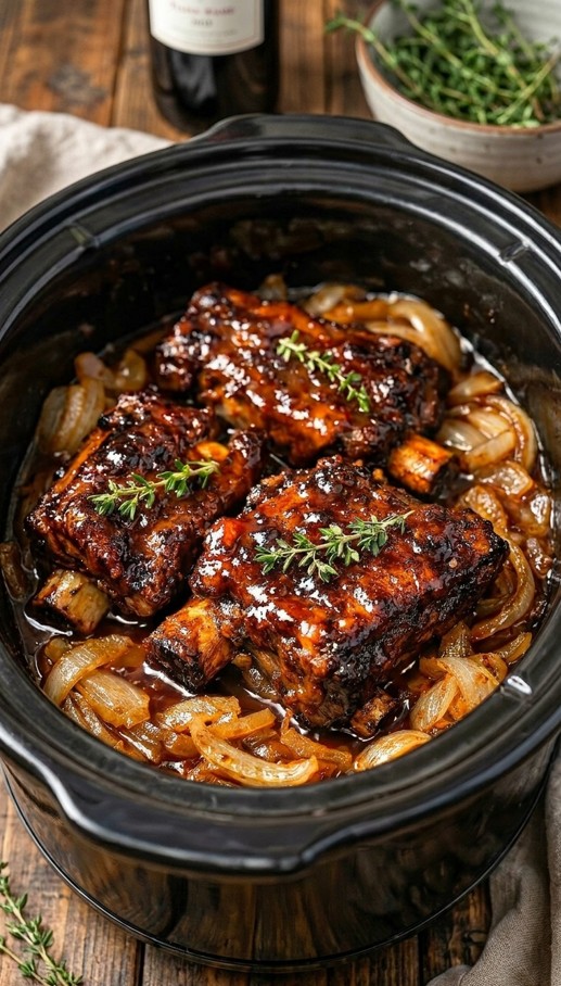 Tender glazed beef short ribs with caramelized onions and fresh thyme