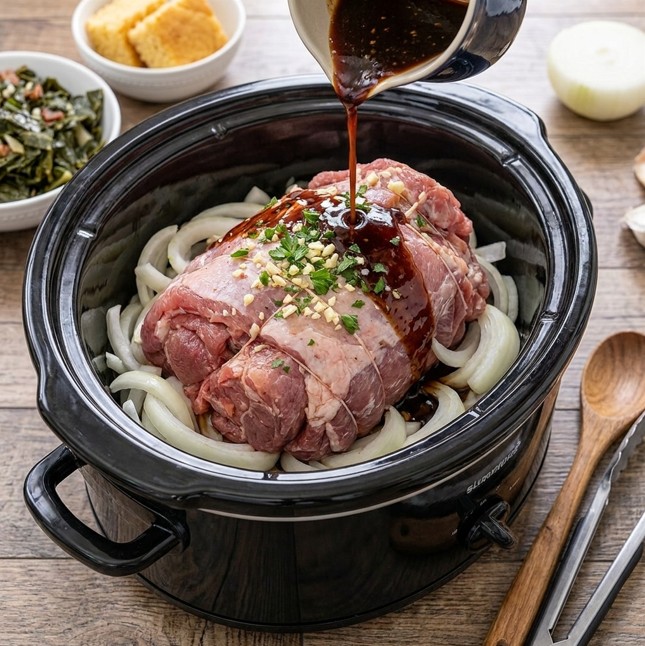 Fall-apart tender slow cooker pot roast with caramelized onions and rich gravy