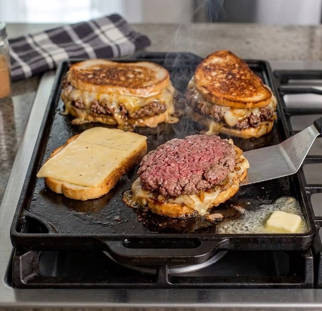Beef patty melt with caramelized onions melted cheese and crisp golden toasted bread